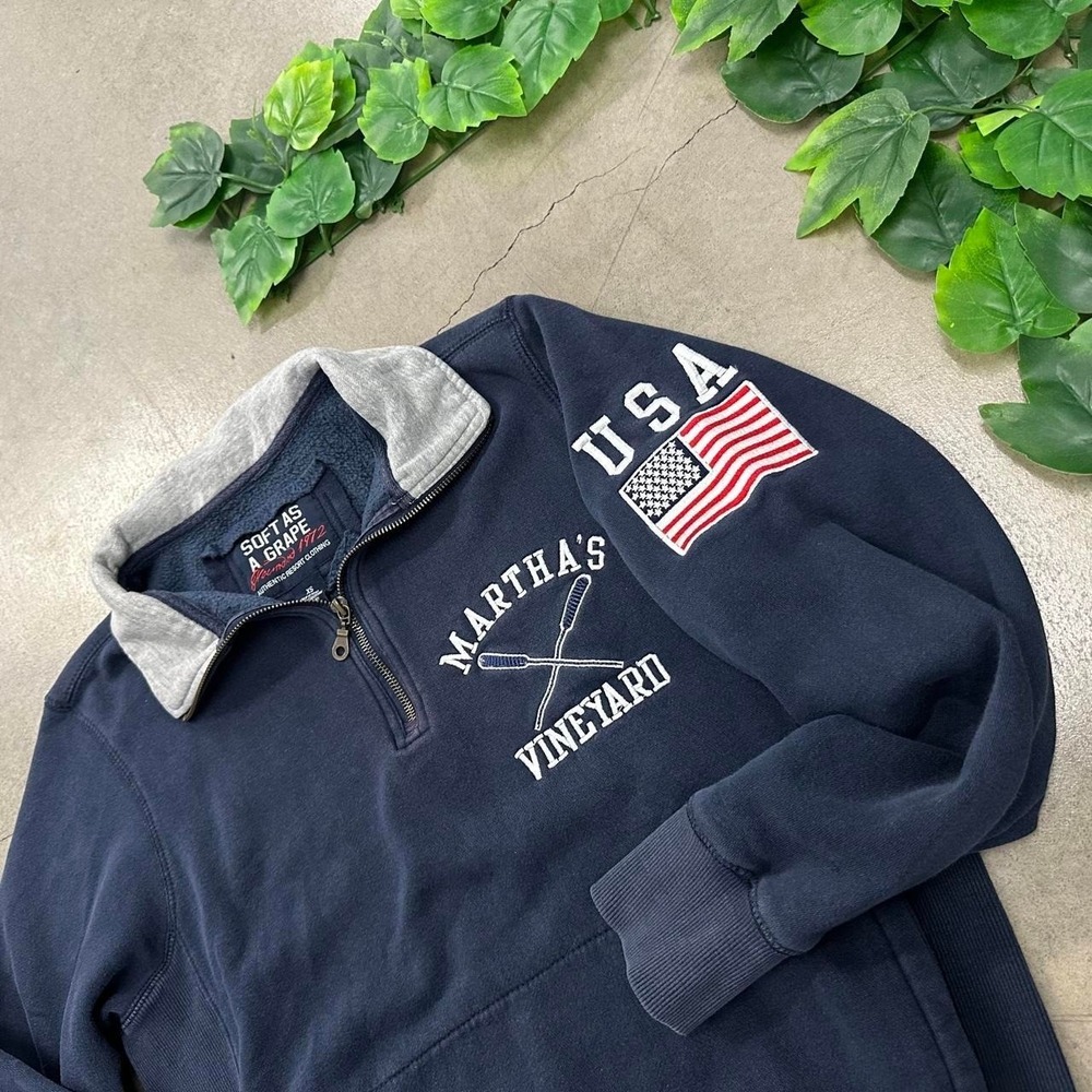 Martha's Vineyard Navy USA Flag Embroidered Quarter Zip Sweatshirt